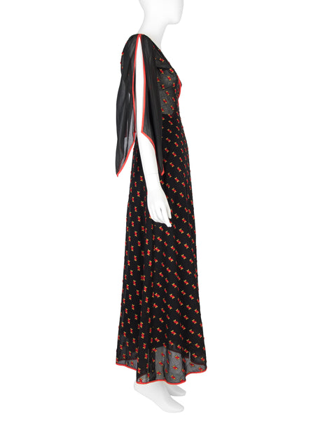 1970s Vintage Black Semi-Sheer Embroidered Red Cherries Gown