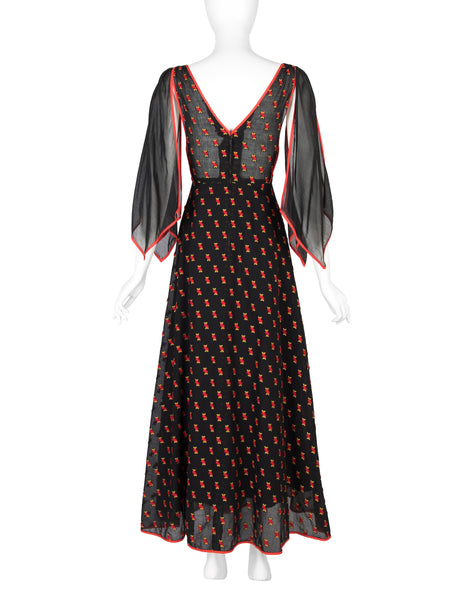 1970s Vintage Black Semi-Sheer Embroidered Red Cherries Gown