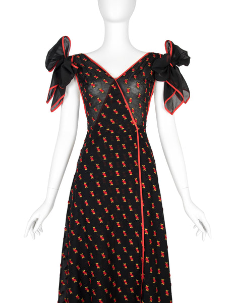 1970s Vintage Black Semi-Sheer Embroidered Red Cherries Gown