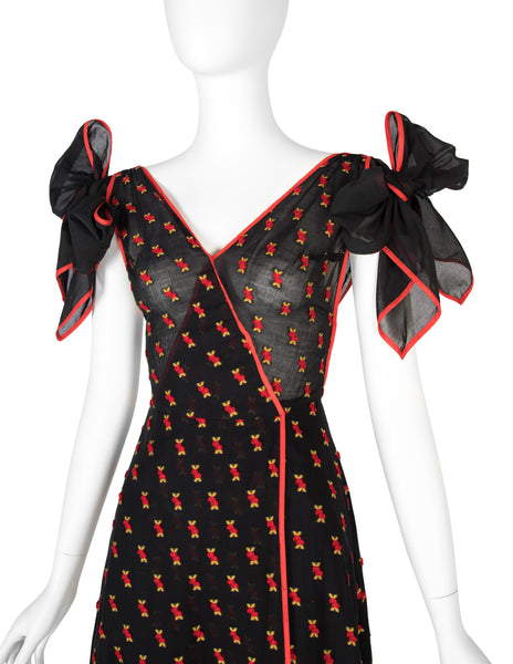 1970s Vintage Black Semi-Sheer Embroidered Red Cherries Gown