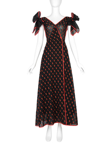 1970s Vintage Black Semi-Sheer Embroidered Red Cherries Gown
