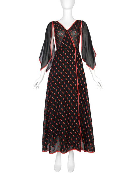 1970s Vintage Black Semi-Sheer Embroidered Red Cherries Gown
