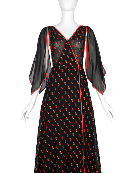 1970s Vintage Black Semi-Sheer Embroidered Red Cherries Gown