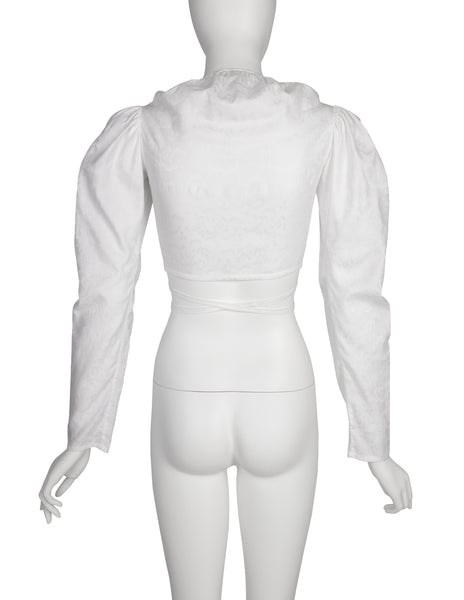 Vivienne Westwood Vintage SS 1999 White Floral Jacquard Puffy Mutton Sleeve Cropped Wrap Top
