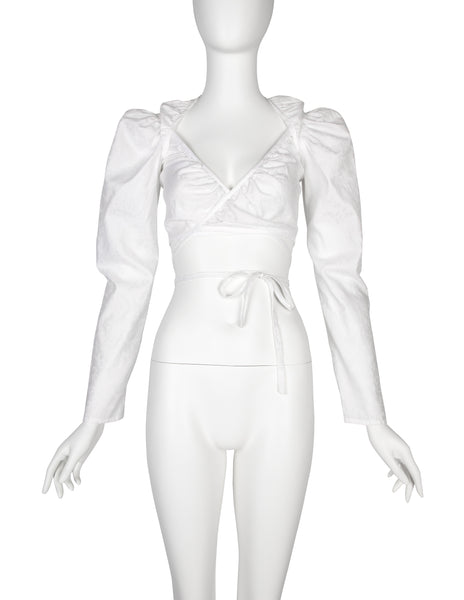 Vivienne Westwood Vintage SS 1999 White Floral Jacquard Puffy Mutton Sleeve Cropped Wrap Top