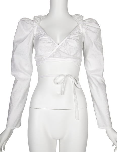 Vivienne Westwood Vintage SS 1999 White Floral Jacquard Puffy Mutton Sleeve Cropped Wrap Top