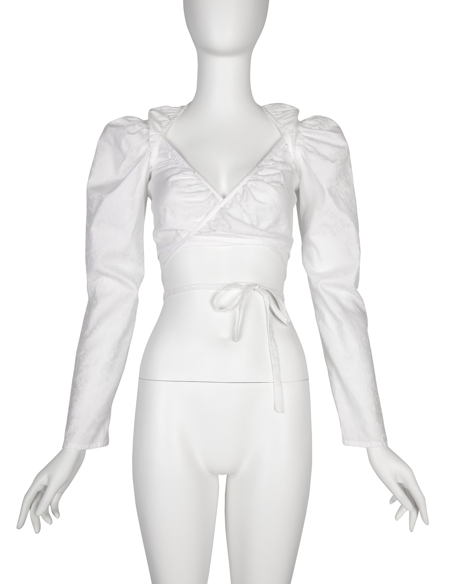 Vivienne Westwood Vintage SS 1999 White Floral Jacquard Puffy Mutton Sleeve Cropped Wrap Top