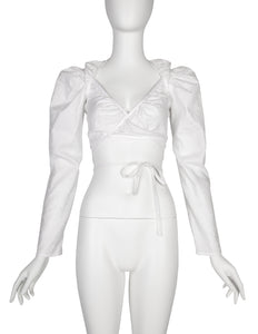 Vivienne Westwood Vintage SS 1999 White Floral Jacquard Puffy Mutton Sleeve Cropped Wrap Top