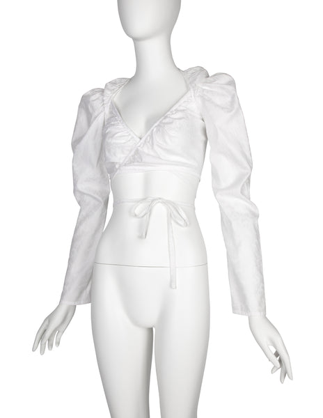 Vivienne Westwood Vintage SS 1999 White Floral Jacquard Puffy Mutton Sleeve Cropped Wrap Top