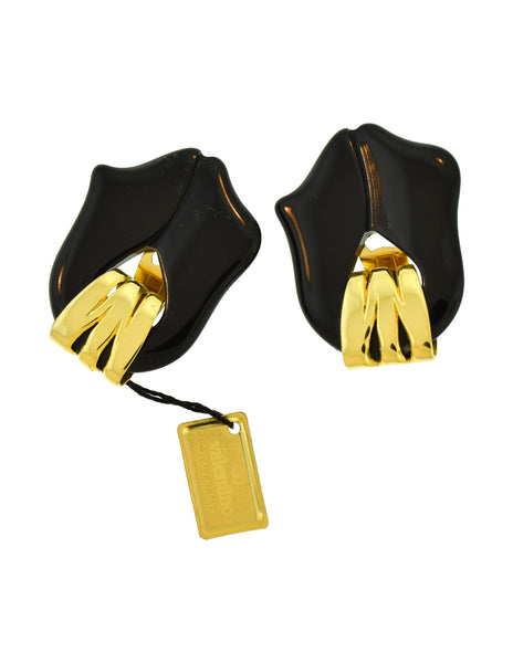 Valentino Vintage 1980s Gold and Black Tulip Earrings
