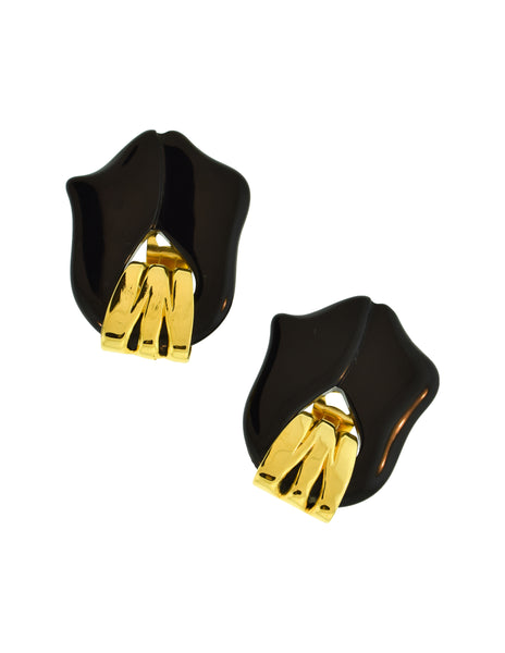 Valentino Vintage 1980s Gold and Black Tulip Earrings