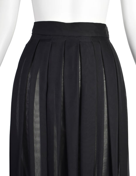 Valentino Vintage Black Sheer Silk Georgette with Metallic Gold Stripe Pleated Full Length Maxi Skirt