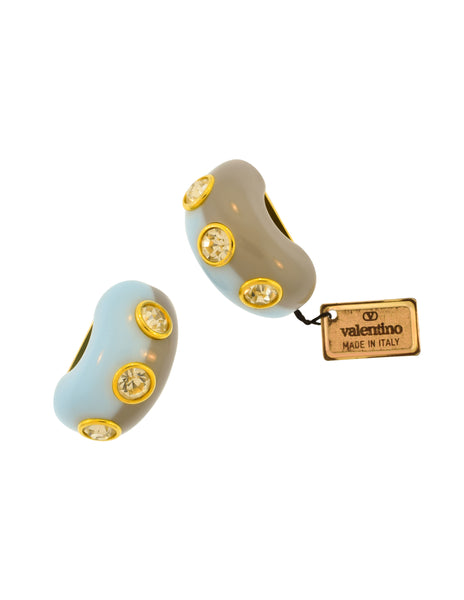 Valentino Vintage Chunky Baby Blue Grey Gold Rhinestone Half Hoop Earrings