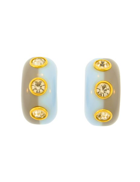 Valentino Vintage Chunky Baby Blue Grey Gold Rhinestone Half Hoop Earrings