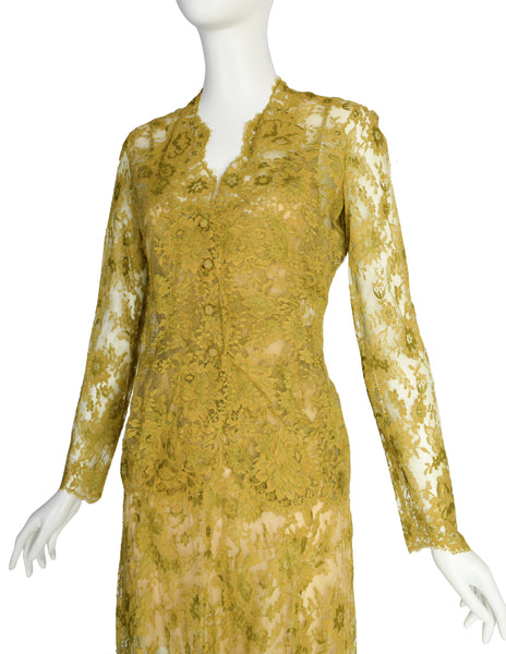 Valentino Vintage SS 1997 Chartreuse Floral Lace Asymmetric Dress and Shirt Ensemble
