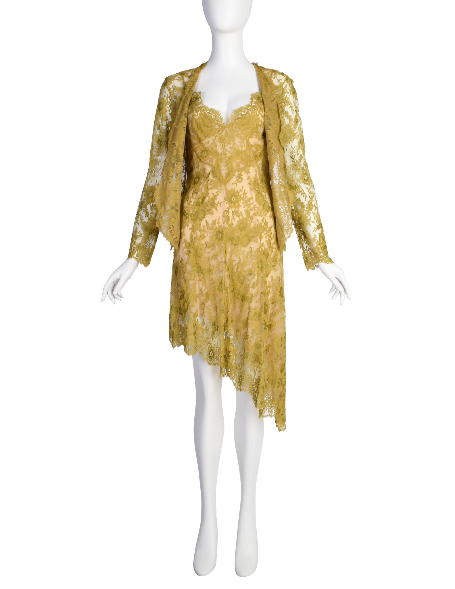 Valentino Vintage SS 1997 Chartreuse Floral Lace Asymmetric Dress and Shirt Ensemble