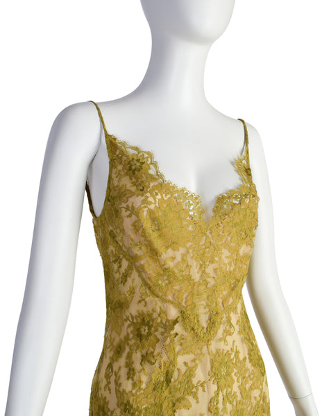 Valentino Vintage SS 2000 Chartreuse Floral Lace Asymmetric Dress and Shirt Ensemble