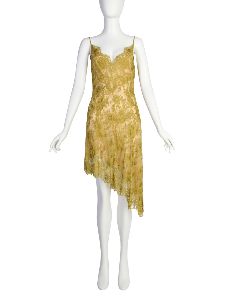 Valentino Vintage SS 1997 Chartreuse Floral Lace Asymmetric Dress and Amarcord Vintage Fashion Valentino Vintage SS 1997 Chartreuse Floral Lace Asymmetric Dress and Amarcord Vintage Fashion