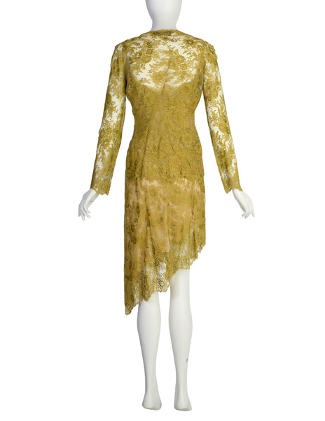 Valentino Vintage SS 2000 Chartreuse Floral Lace Asymmetric Dress and Shirt Ensemble
