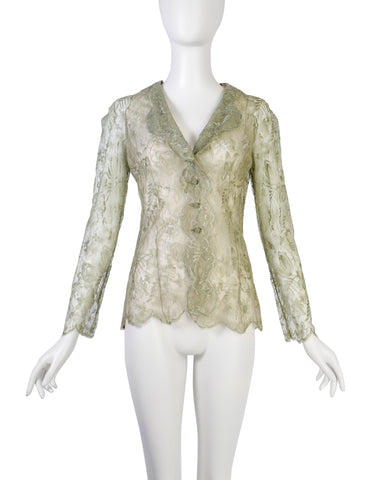 Valentino Vintage SS 2000 Laurel Green Floral Lace Sheer Top