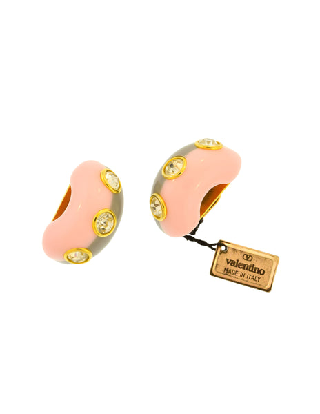Valentino Vintage Chunky Baby Pink Grey Gold Rhinestone Half Hoop Earrings