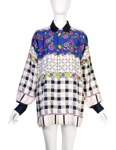 Gianni Versace Vintage 1980s Men's Gingham Floral Mixed Print Cotton Button Up Shirt