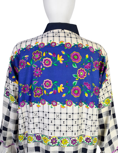 Gianni Versace Vintage 1980s Men's Gingham Floral Mixed Print Cotton Button Up Shirt