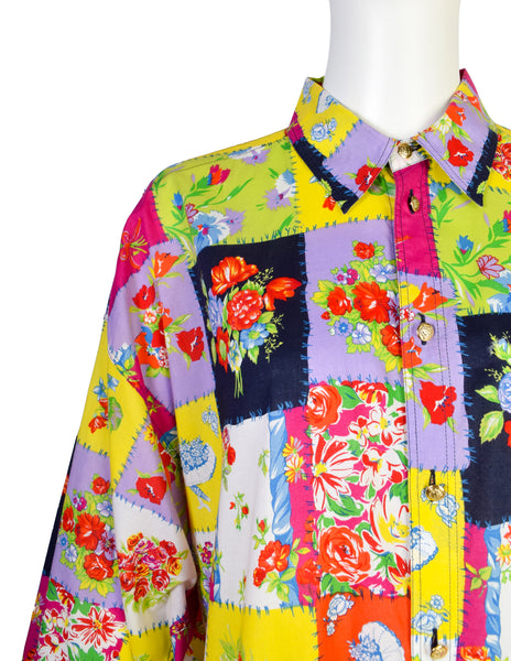 Versace Jeans Couture Vintage Men's Vibrant Patchwork Floral Print Cotton Button Up Shirt