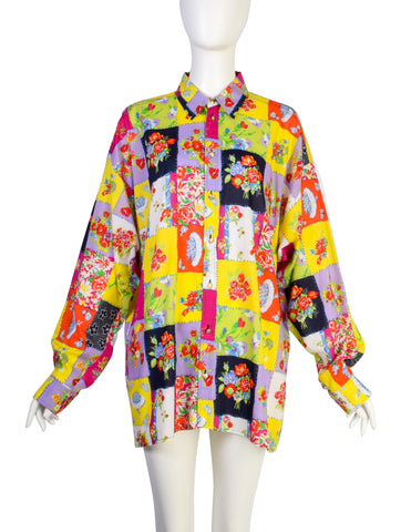 Versace Jeans Couture Vintage Men's Vibrant Patchwork Floral Print Cotton Button Up Shirt