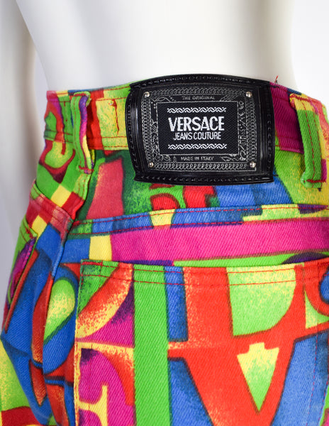Versace Vintage SS 1995 Iconic Multicolor LOVE Print High Waist Jeans