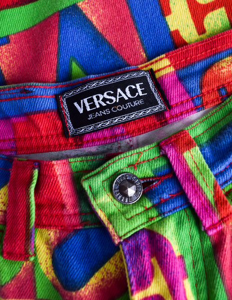 Versace Vintage SS 1995 Iconic Multicolor LOVE Print High Waist Jeans