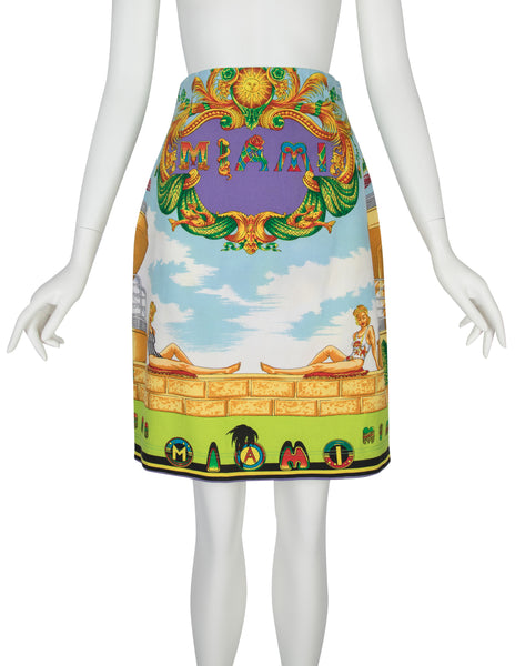 Gianni Versace Vintage SS 1993 Iconic Miami Novelty Print Denim Skirt
