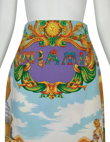 Gianni Versace Vintage SS 1993 Iconic Miami Novelty Print Denim Skirt