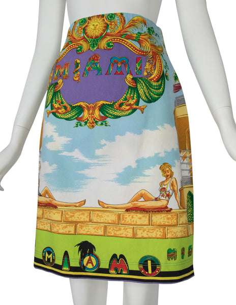 Gianni Versace Vintage SS 1993 Iconic Miami Novelty Print Denim Skirt