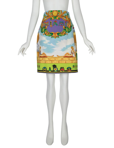 Gianni Versace Vintage SS 1993 Iconic Miami Novelty Print Denim Skirt