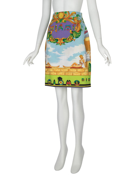 Gianni Versace Vintage SS 1993 Iconic Miami Novelty Print Denim Skirt