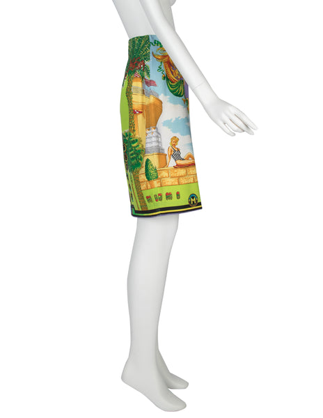 Gianni Versace Vintage SS 1993 Iconic Miami Novelty Print Denim Skirt