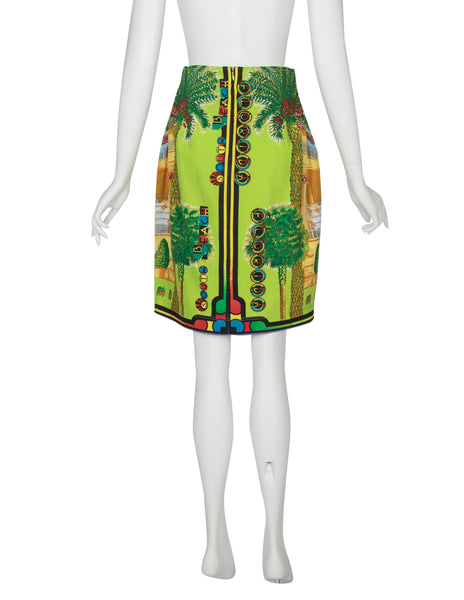Gianni Versace Vintage SS 1993 Iconic Miami Novelty Print Denim Skirt