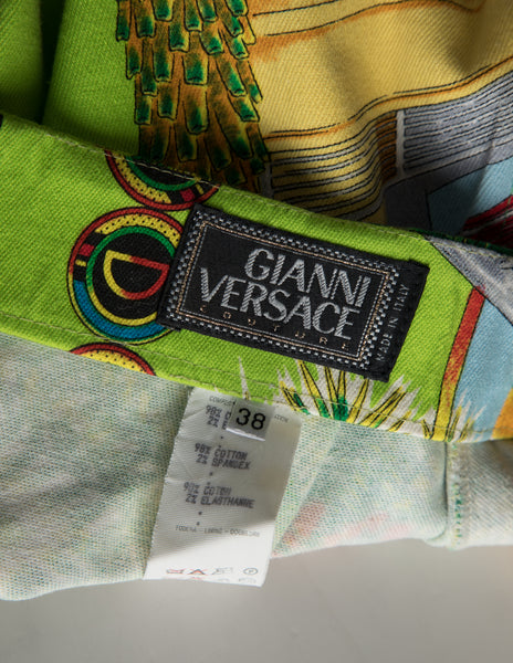 Gianni Versace Vintage SS 1993 Iconic Miami Novelty Print Denim Skirt