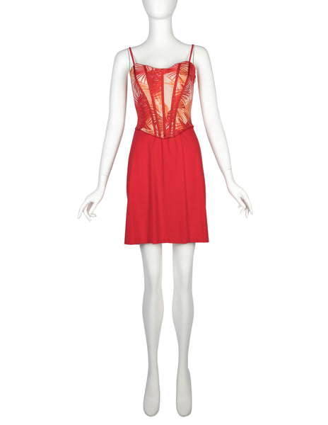 Versace Vintage Red and Orange Tropical Palm Print Bustier Mini Dress