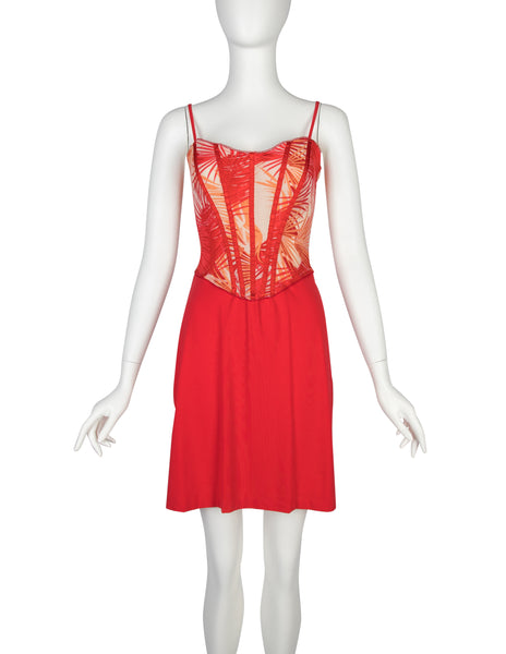 Versace Vintage Red and Orange Tropical Palm Print Bustier Mini Dress