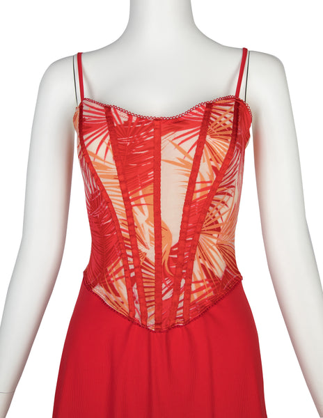 Versace Vintage Red and Orange Tropical Palm Print Bustier Mini Dress