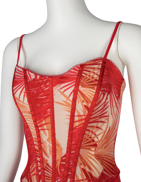 Versace Vintage Red and Orange Tropical Palm Print Bustier Mini Dress