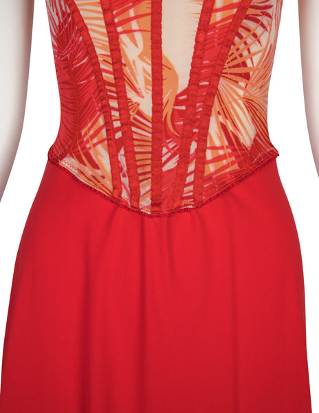 Versace Vintage Red and Orange Tropical Palm Print Bustier Mini Dress