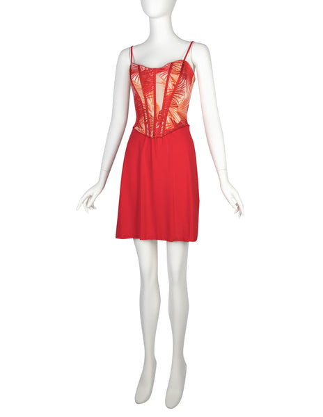 Versace Vintage Red and Orange Tropical Palm Print Bustier Mini Dress