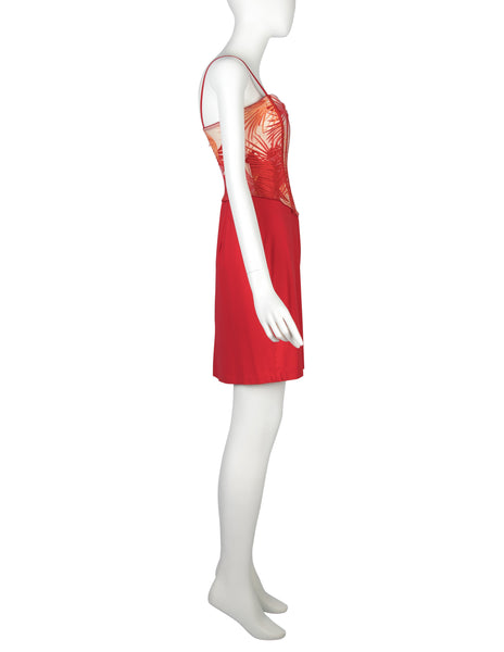 Versace Vintage Red and Orange Tropical Palm Print Bustier Mini Dress