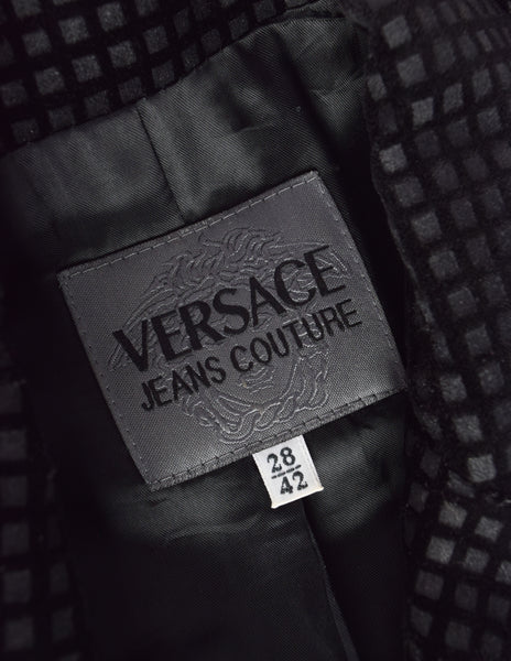 Versace Vintage 1990s Grid Print Black Velvet Blazer Jacket