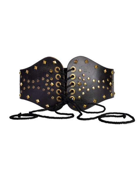 Vintage 1970s Rustic Ultra Wide Studded Black Leather Corset Belt