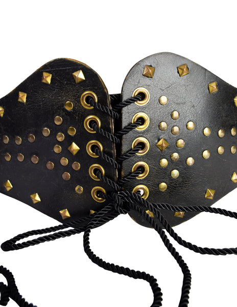 Vintage 1970s Rustic Ultra Wide Studded Black Leather Corset Belt