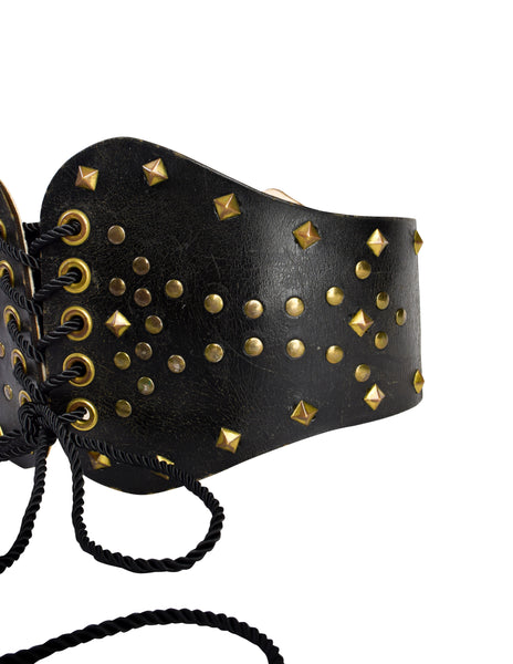 Vintage 1970s Rustic Ultra Wide Studded Black Leather Corset Belt
